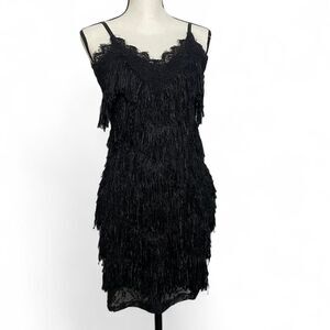 Black Fringe Flapper Style Mini Dress Delicate Lace Back Trim Detail Sz Large